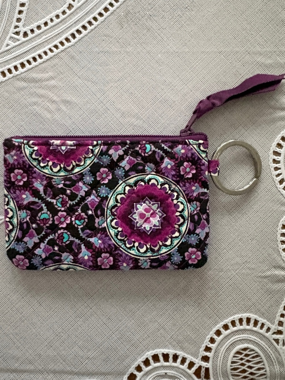Vera Bradley Floral Quilted Purple Card Holder Keychain Wallet